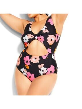NWT City Chic Izzy black floral Print 1 Piece middle cut out monokini Swimsuit